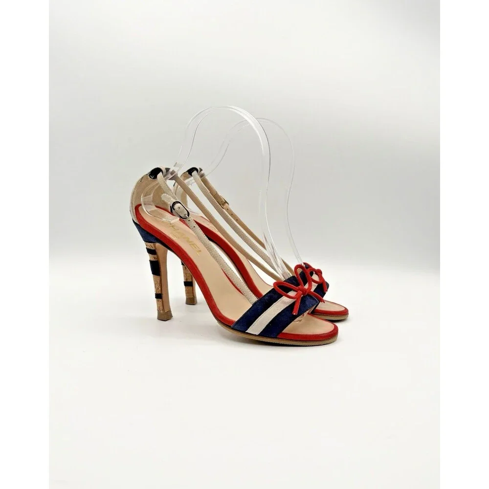 Chanel Navy & Red Suede & Cork Striped Sandals CC Logo Heel Nautical Size EU 36
